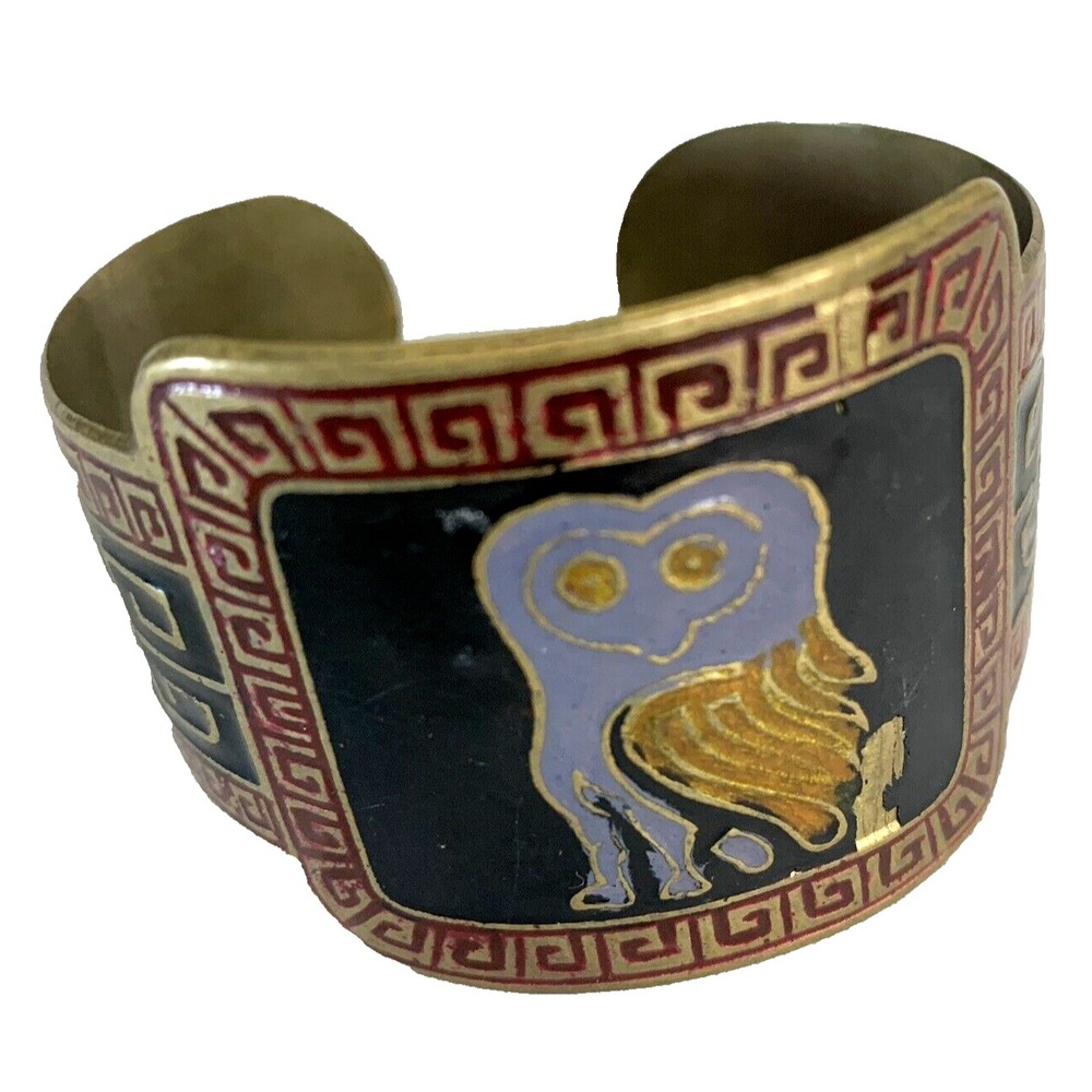 Owl Brass Cuff Mayan Inspired Painted Approx. 6.5" Adjustable Signed India READ
